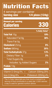 Nutrition Facts % Daily Value: Contribution of a nutrient in a serving of food to a daily diet. General nutrition advice: 2,000 calories per day Serving Size 1/4 Pizza (124g) Servings per Container 4 Calories per Serving 320 Total Fat 14g 18% Saturated Fat 7g 36% Trans Fat 0g Cholesterol 30mg 10% Sodium 690mg 30% Total Carb 36g 13% Dietary Fiber 2g 6% Total Sugars 4g Added Sugars 1g Added Sugars 2% Protein 12g Vitamin D 0mcg 0% Calcium 340mg 25% Iron 1mg 6% Potassium 250mg 6%
